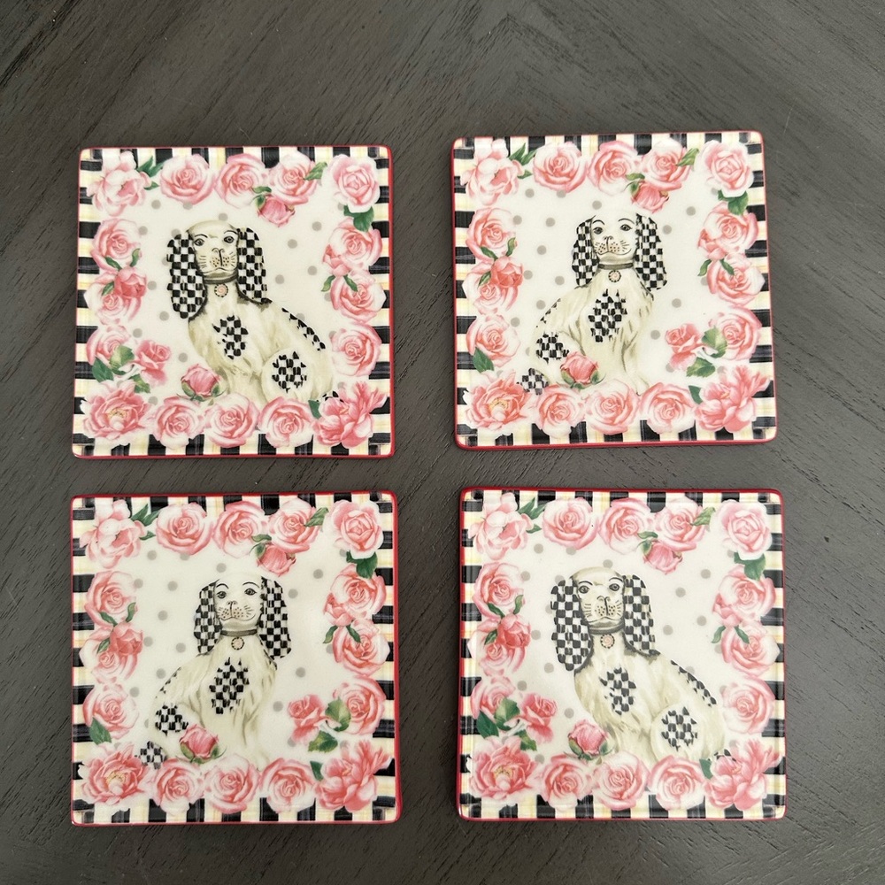 Mackenzie Childs Really Rosy Coasters Staffordshire Dog, Set of 4
